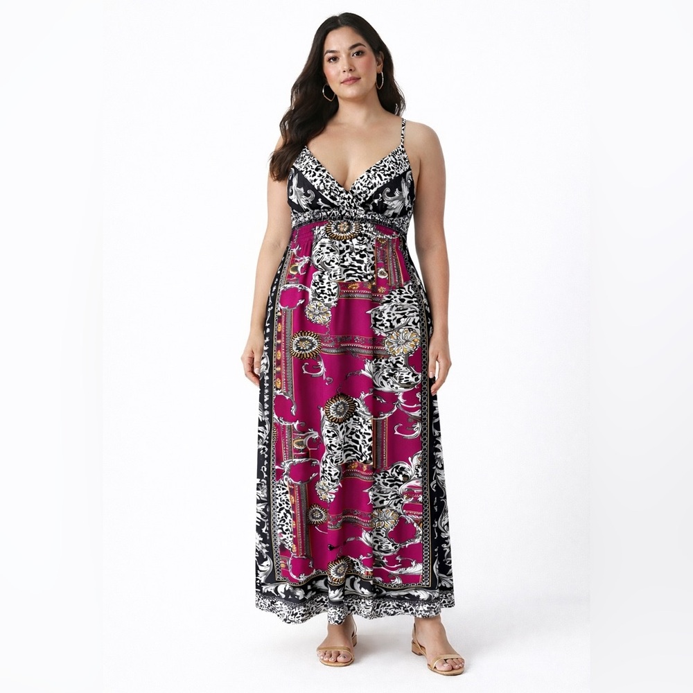 Vintage She’s Cool Leopard Baroque Maxi Dress Boho Y2K Smocked Pink Black Large